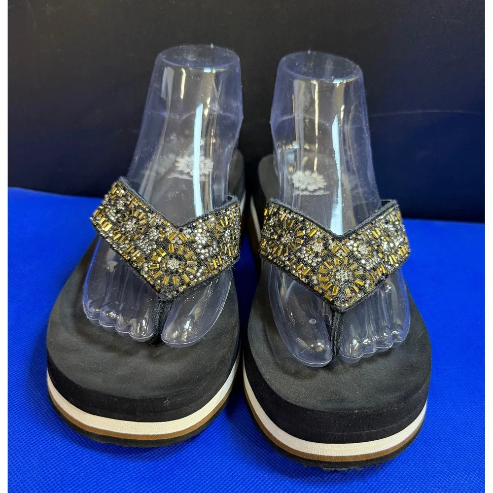 Yellow Box Kania Womens Black Beaded Platform Flip Flops Sandals Gold Silver 7.5 - Picture 1 of 8